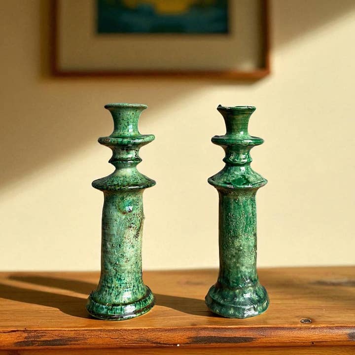 Handmade Tamegroute Candleholder – 25 cm Green Moroccan Pottery for wholesale by Moroccantastics