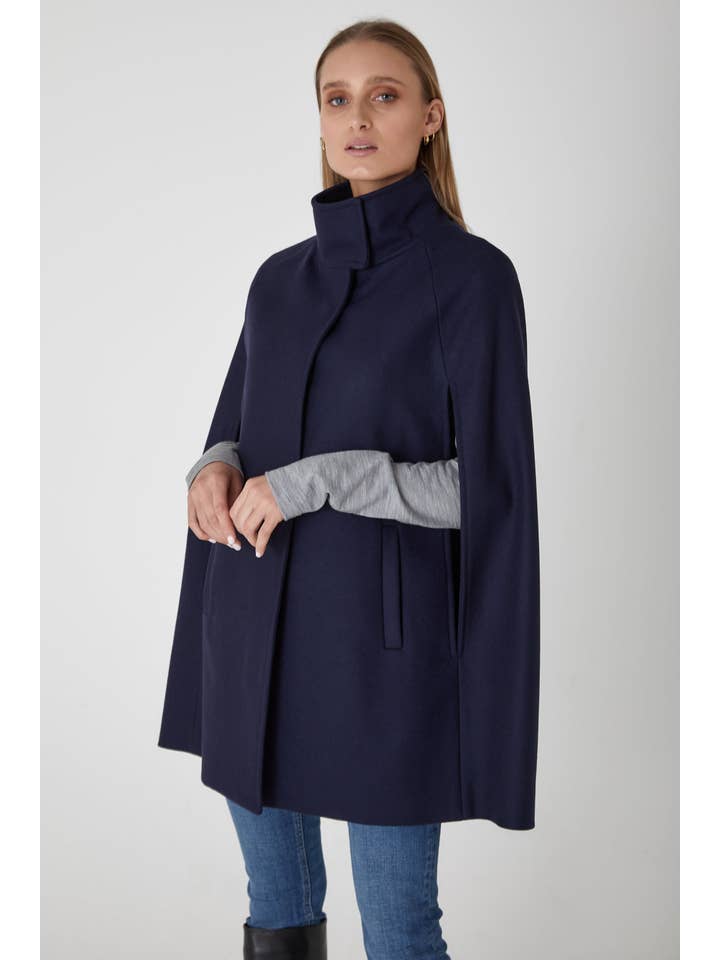 Allora - Wholesale Cape - Women's - Single Breasted Wool Cashmere Cape Coat - Ink