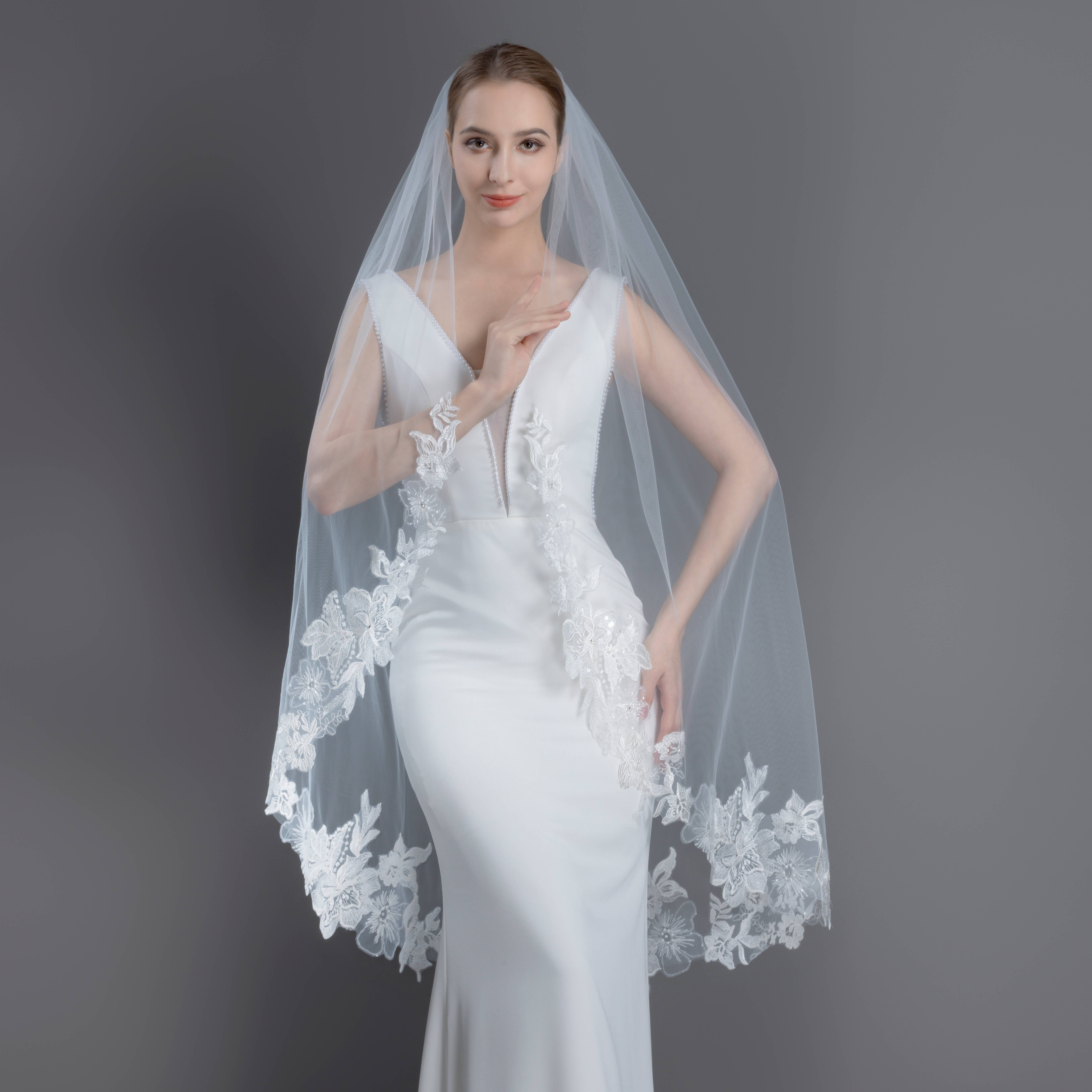 Farinosa Bridal - Venta al por mayor Velo - Mujer - Velo nupcial de encaje bordado con flores FS6231 en 96,5 cm, 127 cm, 274 cm y 305 cm14