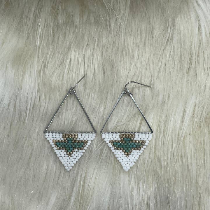 Thunderbird White and Turquoise geometric earrings for wholesale by Chippewa Beadwork