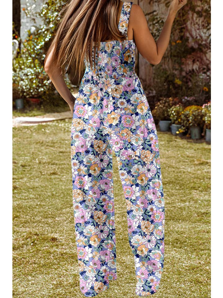As shown Fashion-W Floral Print Smocked High Waist Jumpsuit for wholesale on Faire