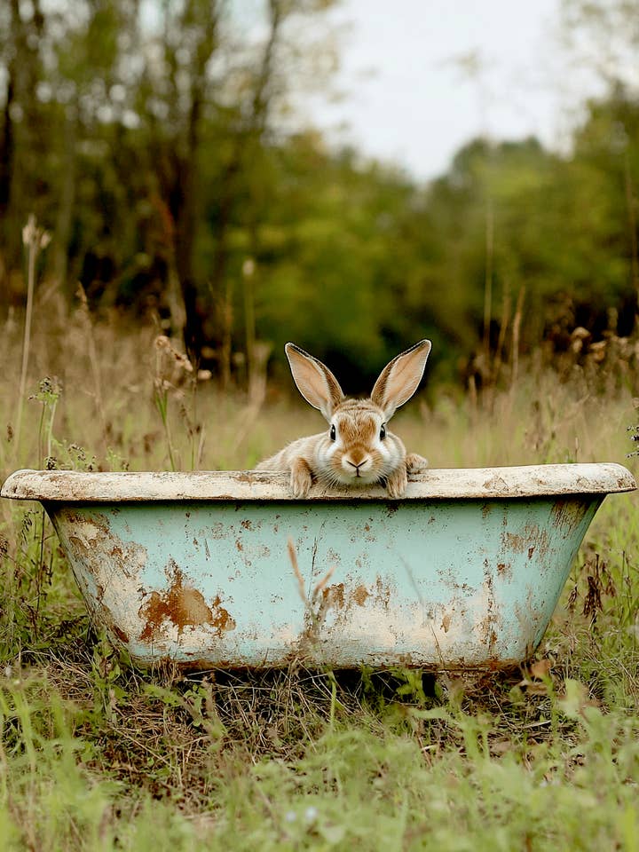 Wilde Konijn in Badkuip - Badkamer Muurkunst Prints – 20x25 cm Kunstwerk voor 28x36 cm Lijst voor wholesale door Mowbi