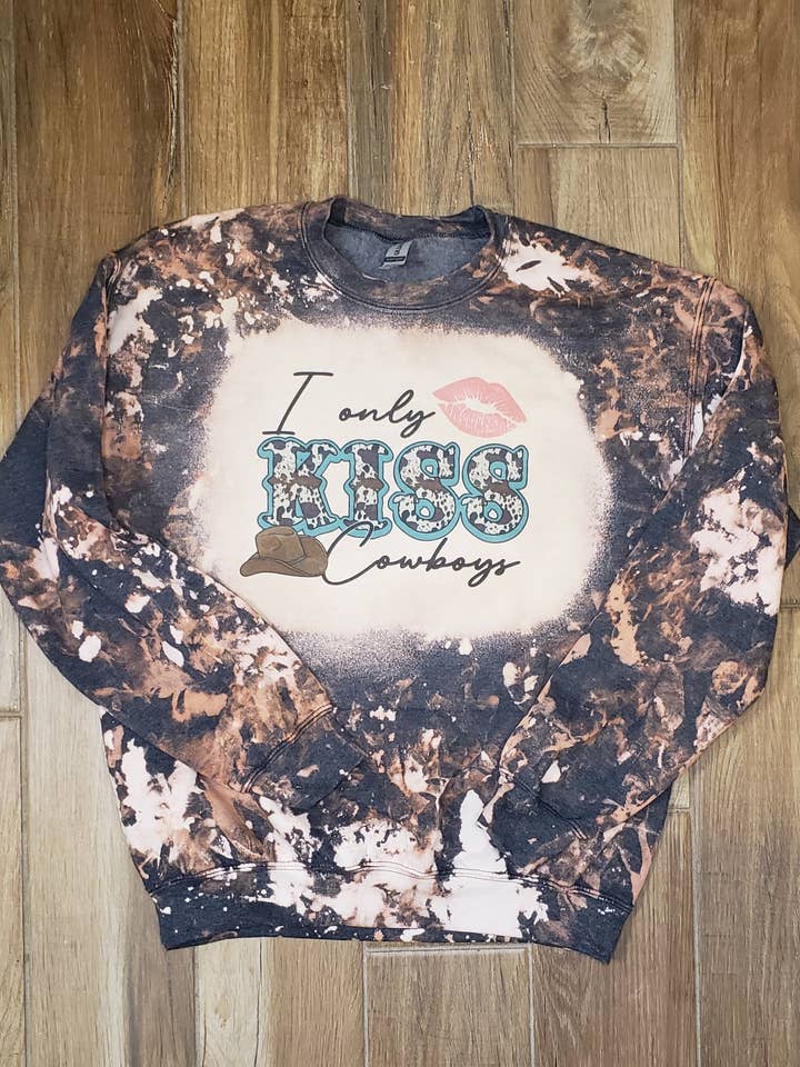 I Only Kiss Cowboys Cowhide Bleached Sweatshirt for wholesale by The Caffeinated Mama Co