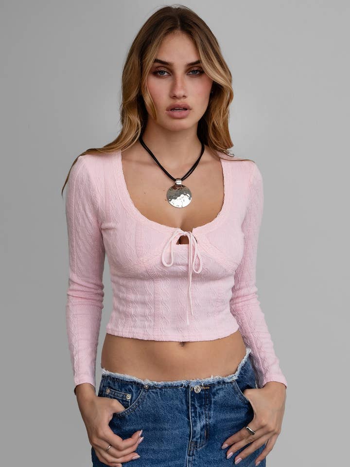 DINAH Jacquard Long Sleeve Lace Trim Top for wholesale by TICTOC