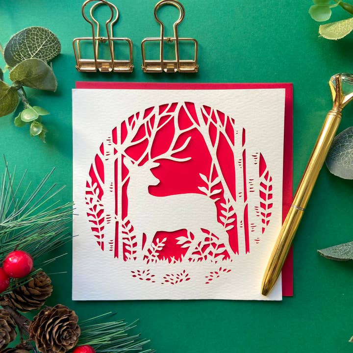 Reindeer Christmas Card, Stag Christmas card, Holiday card for wholesale by Chow's Stories