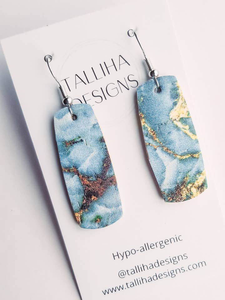 Blue Gold Bronze Marbled Genuine Leather Jessica Earrings for wholesale by Talliha Designs
