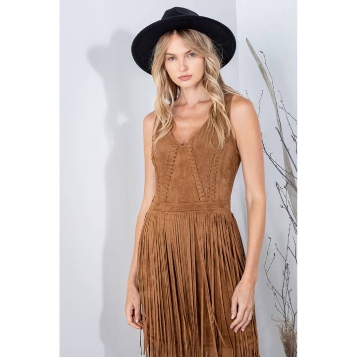 REVEROF - Wholesale Jurk - Dames - SUEDE JURK MET ZUIDELIJKE FRANJES