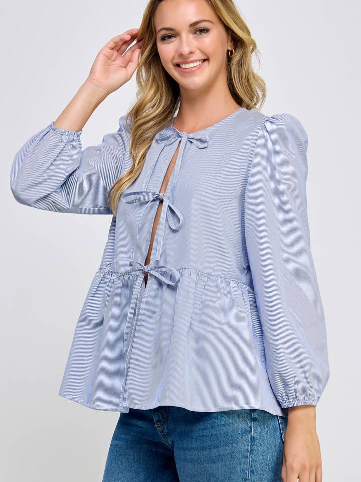 Ellison - Wholesale Blouse - Women's - TT-10190-6 LONG SLEEVE TIE FRONT PEPLUM BLOUSE BLUE