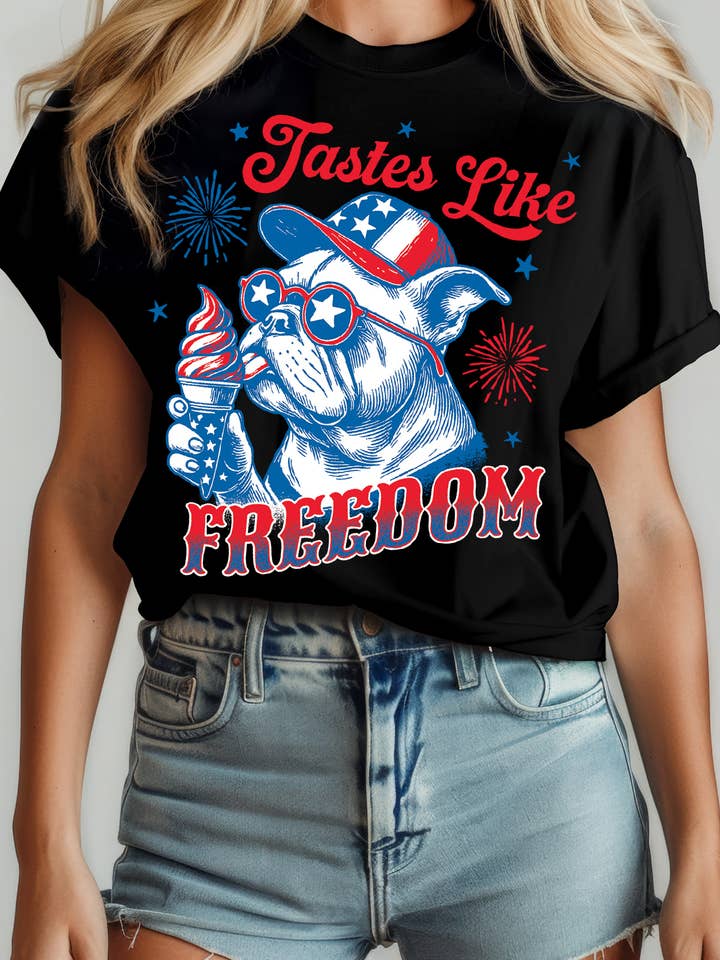 Amused by Blue - Wholesale Screen Printed T-Shirt - Women's - Women Freedom Dog Graphic Print Short Sleeve Top