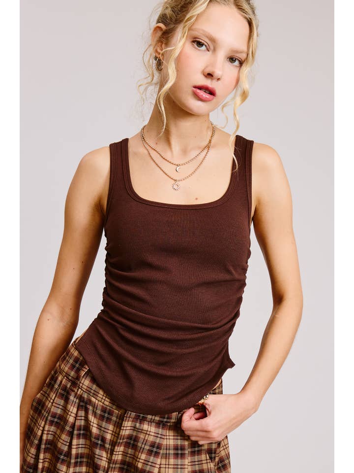 Mimosa - Wholesale Tank Top - Women's - Ruched Side Ribbed Knit Tank with Scoop Neck