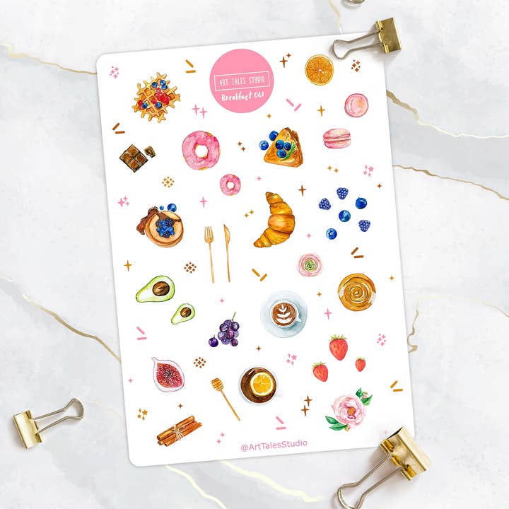 Frühstücks-Aufkleber-Blatt, Brunch-Aufkleber, Planer-Aufkleber, Bullet-Journal-Aufkleber, Lebensmittel-Aufkleber, Kaffee, Tee, Pfannkuchen, Waffeln, Croissant für den Großhandel von Art Tales Studio