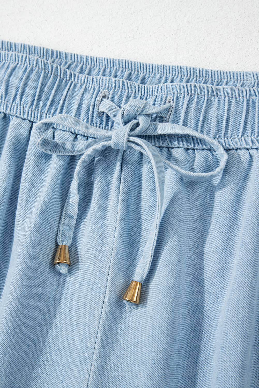 Blue Plus Size Washed Chambray Drawstring Elastic Waist Shorts for wholesale on Faire5