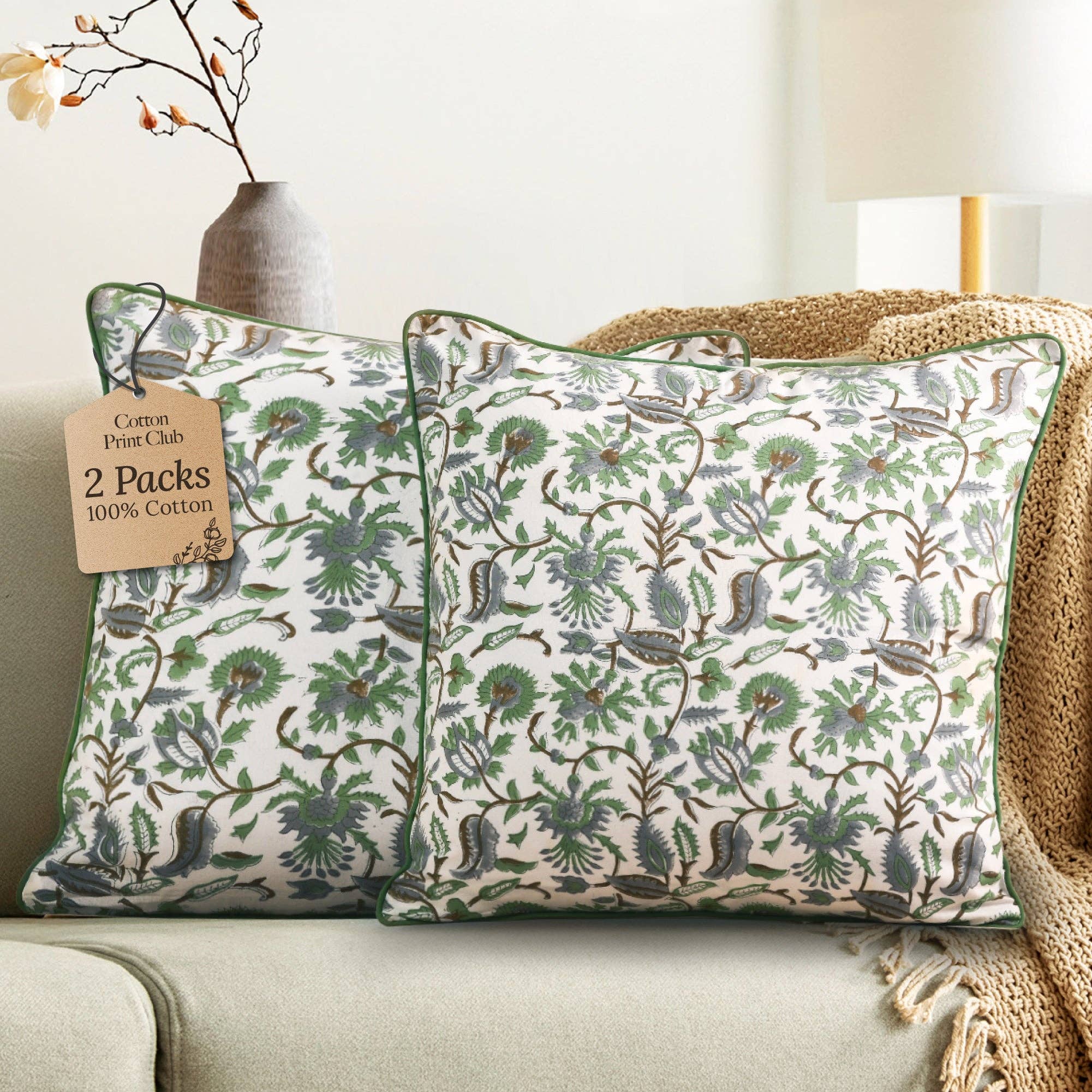 Cotton Print Club - Vente Housse de coussin - Housses de coussin à passepoil - Vert menthe (lot de 2)0