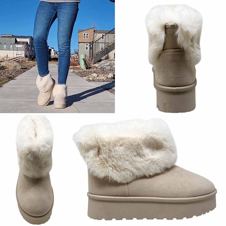 Women's Platform Booties Faux Suede Fur Lining Pull On Cuff Boots Beige Suede for wholesale by SOBEYO