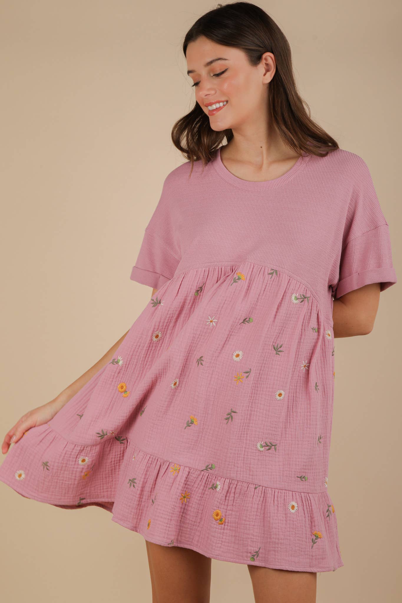 VERY J - Wholesale Dress - Women's - ND31718-Oversized Floral Embroidered Knit Mini Dress6