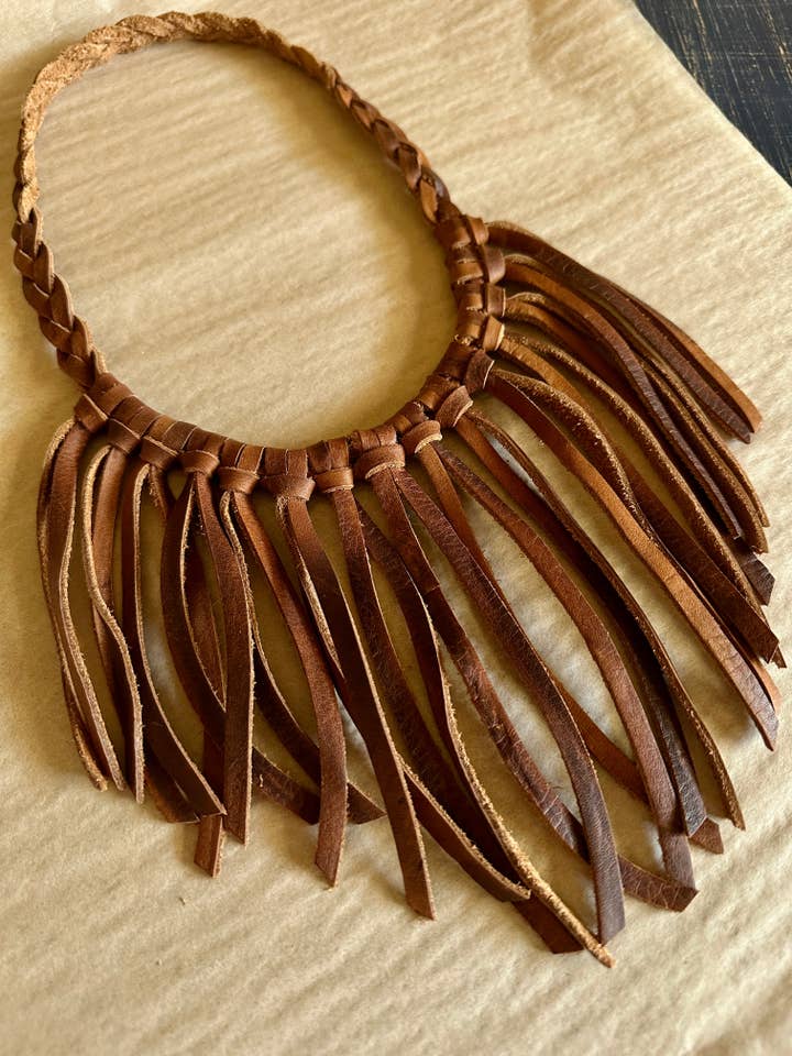Leather fringe neck piece for wholesale by Bean & Dot