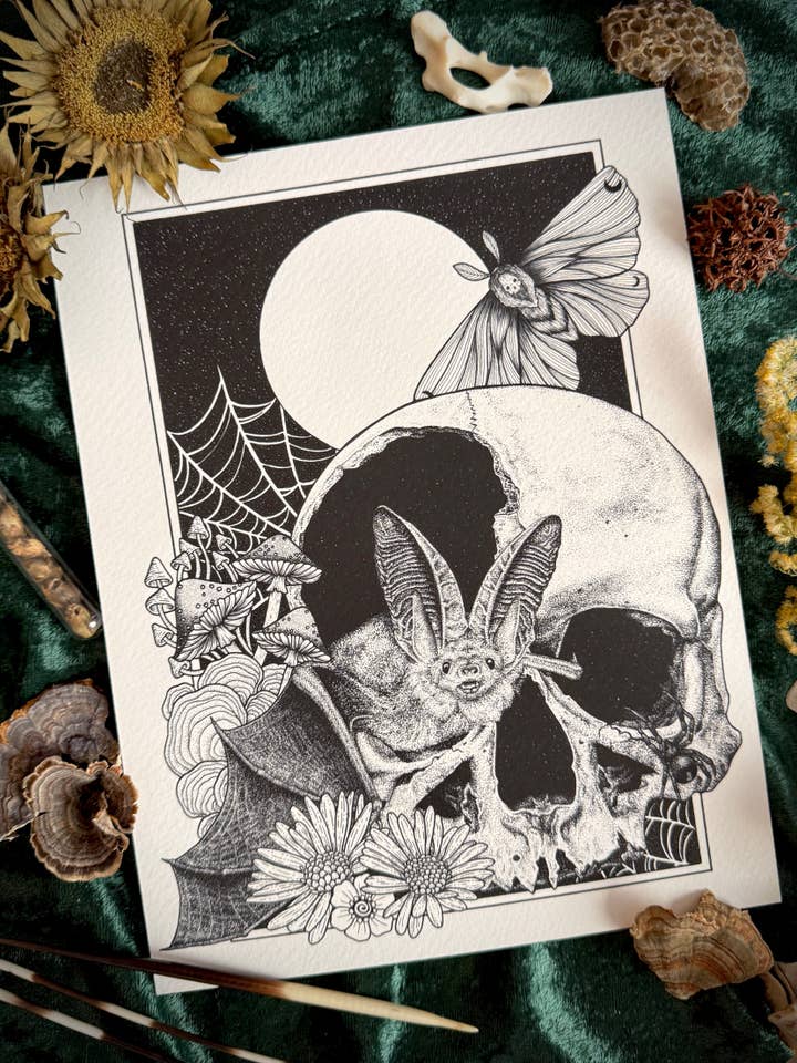 Emergence - Spooky Bat & Skull Art Print for wholesale by Strat Lacy Art