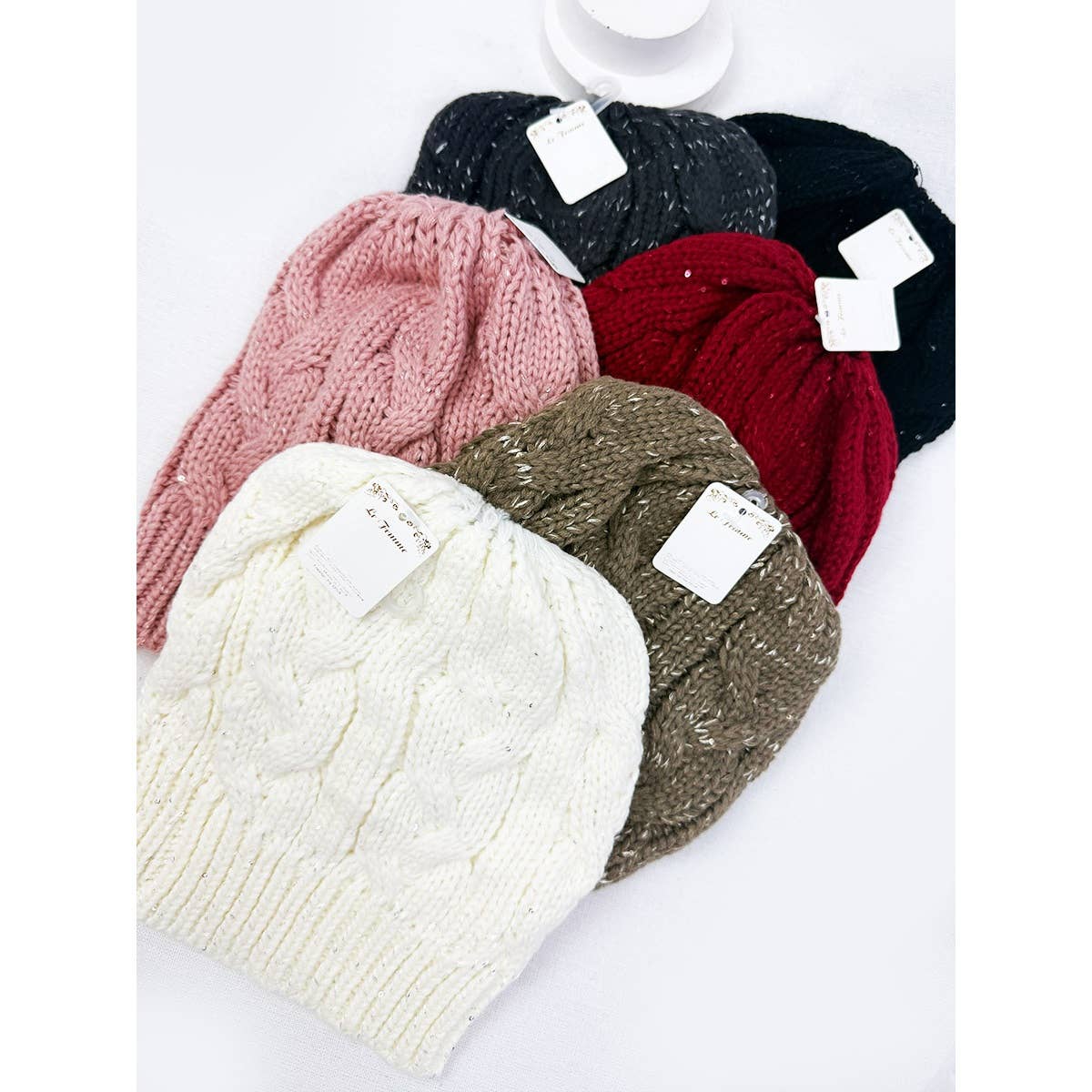 MIX COLOR Messy Bun Ponytail Beanie for wholesale on Faire1