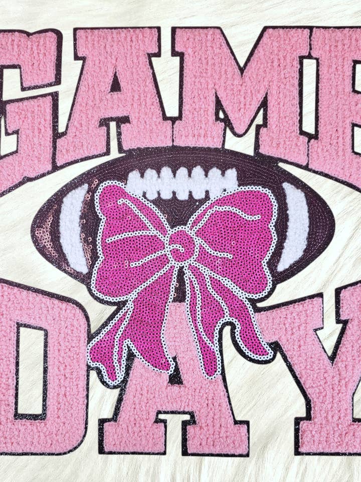 Game Day Pink Chenille Sequin Football Iron-on Patch for wholesale by Scratch Decor