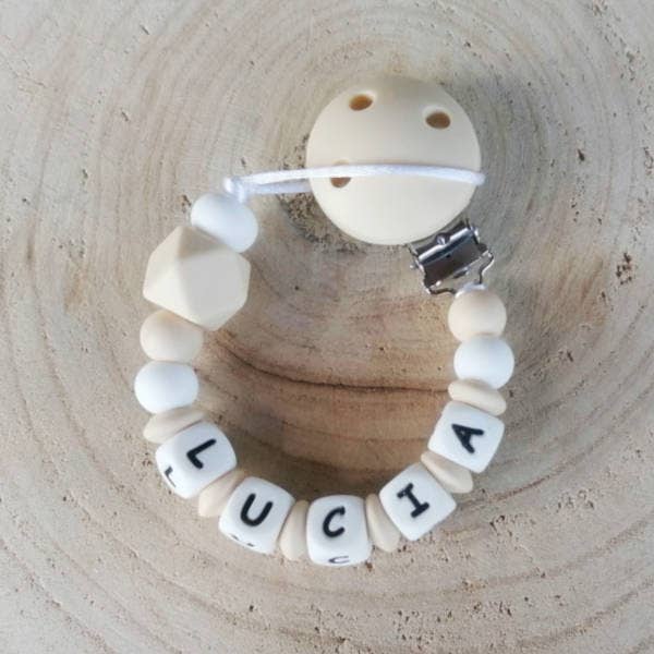 Personalized pacifier clip Pure beige for wholesale by Mordisquitos.