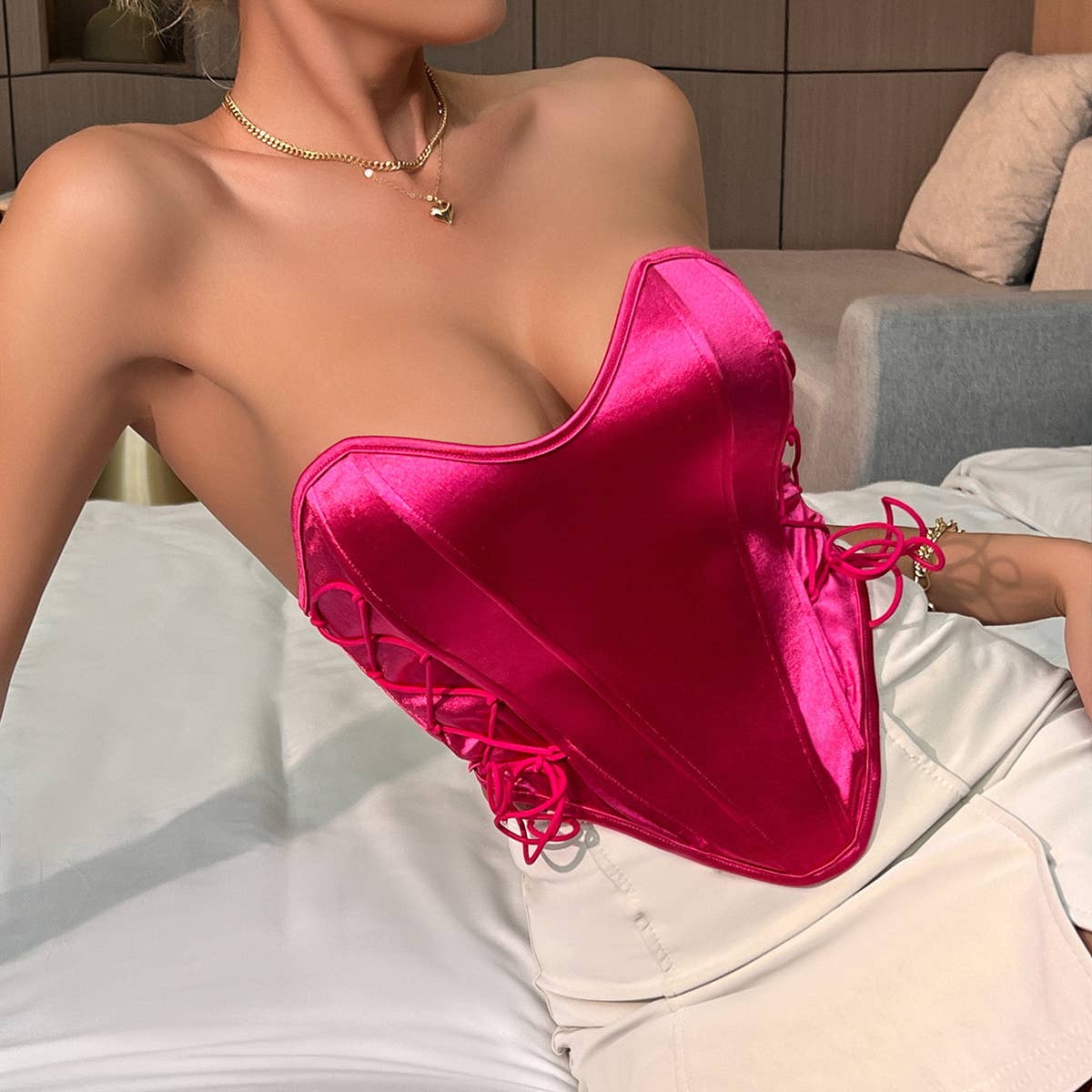 Solid Color Pink Lace-up Satin Matte Herringbone Corset for wholesale on Faire1