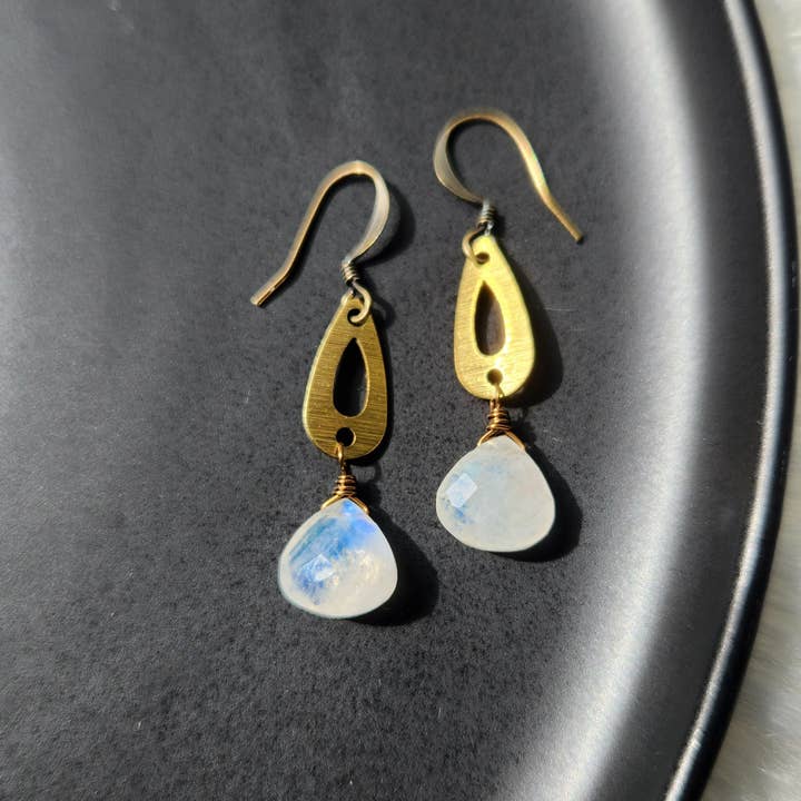 Rainbow Moonstone Brushed Brass Teardrop Earrings for wholesale by Edgy Petal Jewelry