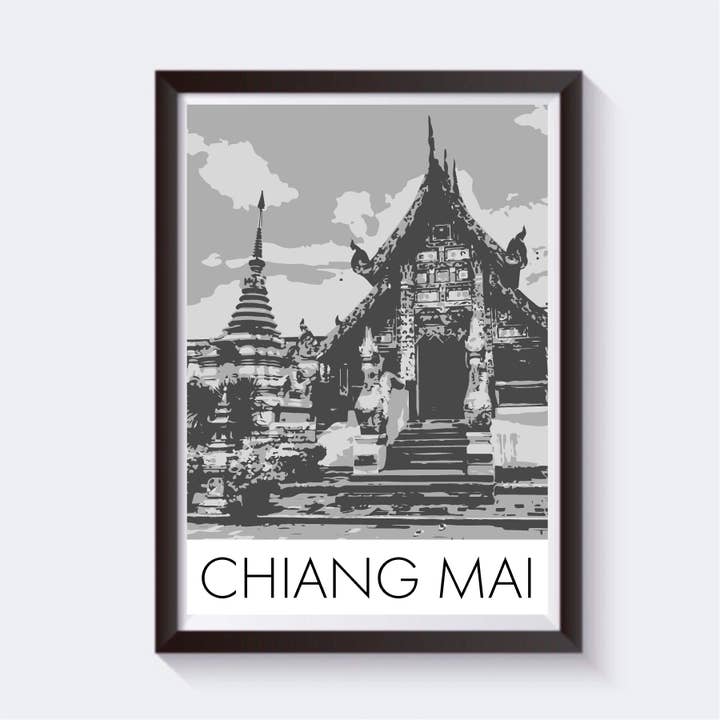 Impresión de arte de viaje en escala de grises de Chiang Mai, Tailandia, 6 tamaños para venta al por mayor de 2 Sisters