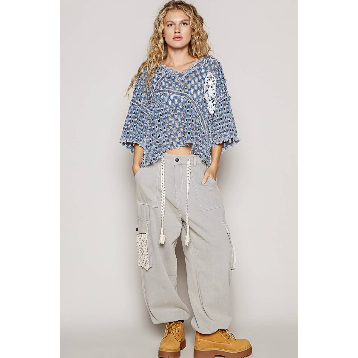 Pol Clothing - Vente Haut en maille – femme - Haut vintage délavé à manches courtes et poche avant6