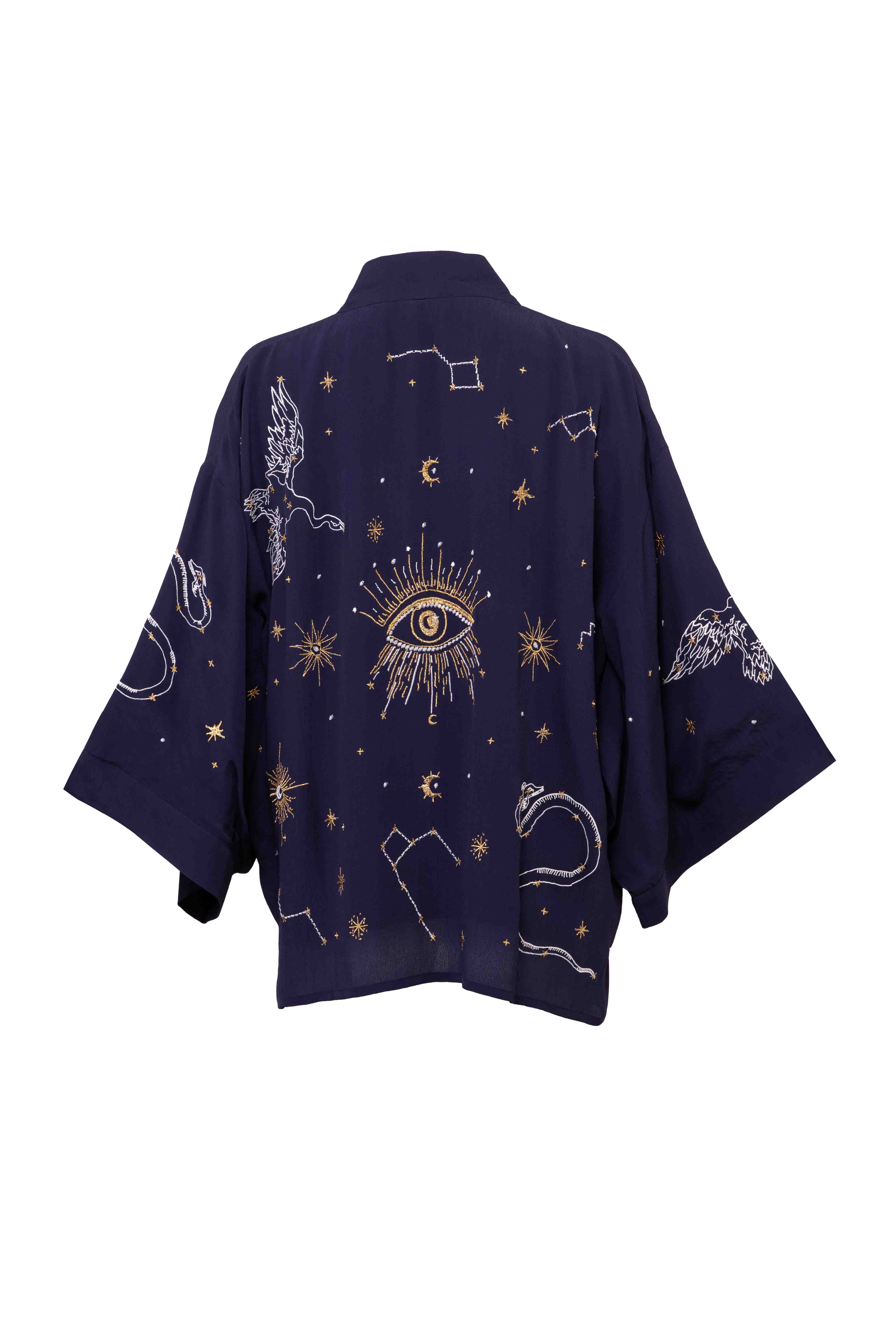 Artemis Muse – wholesale Kimono – Women's – Cosmos Embroidered Navy Blue, Ivory and Gold Fully Lined Short Kimono6