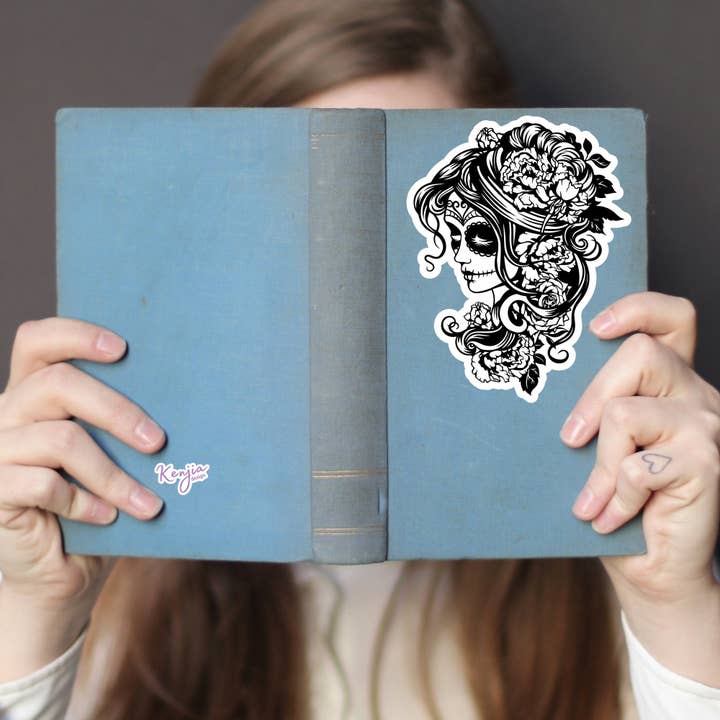 Kenjia Design - Wholesale Sticker - Steampunk Witch Goth Female Sugar Skull with flowers Sticker