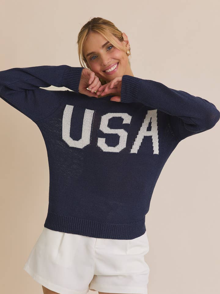 NAVY ROUND NECK SWEATER TOP for wholesale on Faire