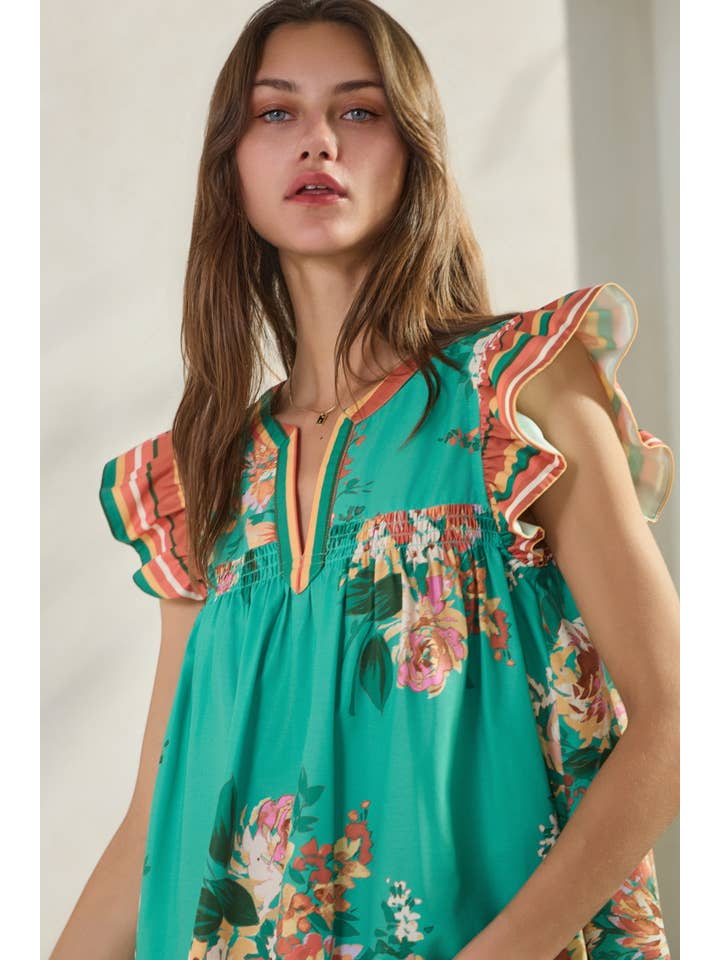 Turquoise Multi Floral Printed Blouse for wholesale on Faire