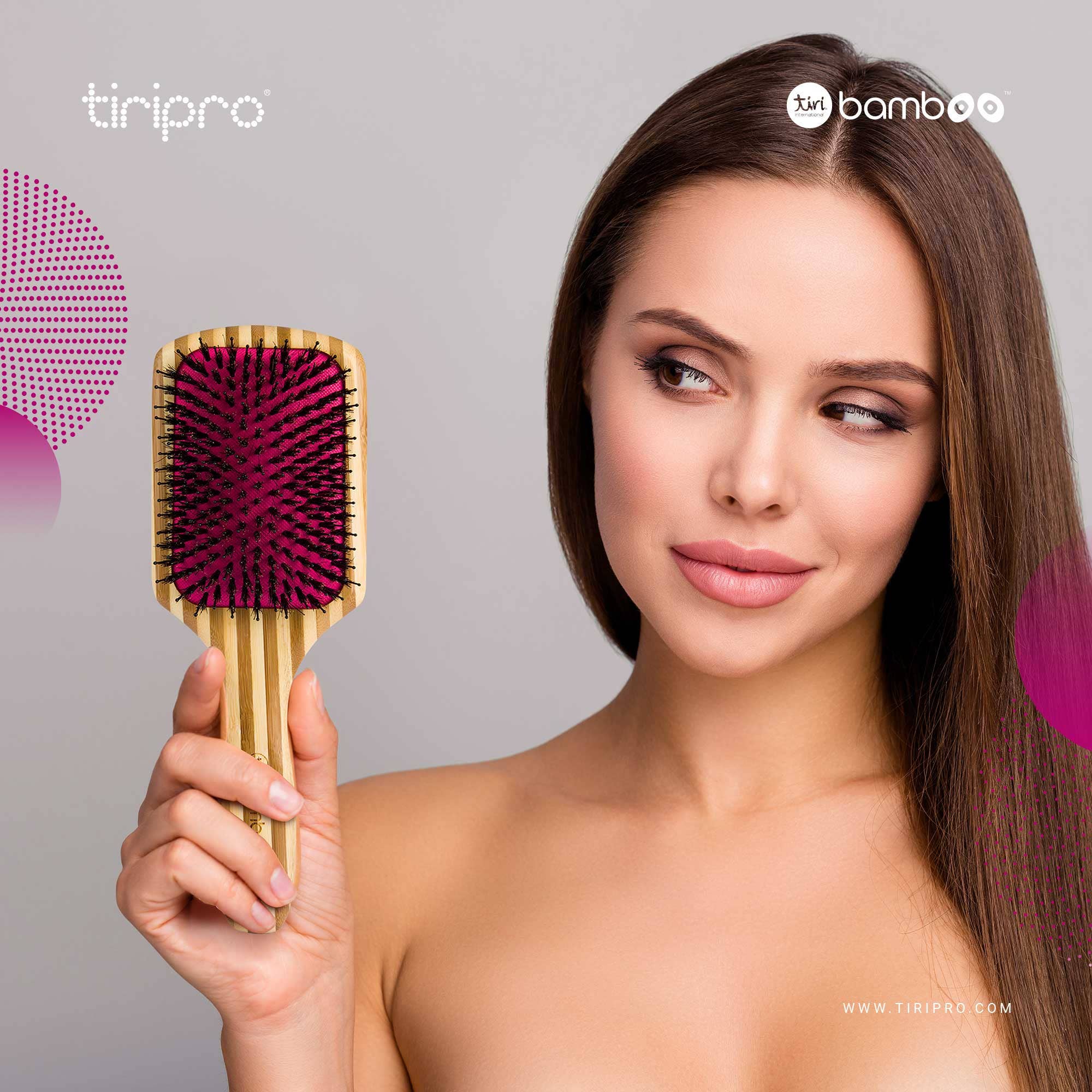 Tiri Pro - Wholesale Hair Brush/Comb - Bamboo XL Detangling Paddle Brush with Boar Bristles - Pink3