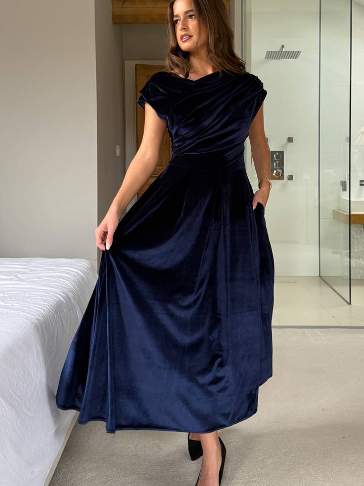 Betty Asymmetric Neckline Skater Midi Navy Velvet for wholesale by Girl in mind