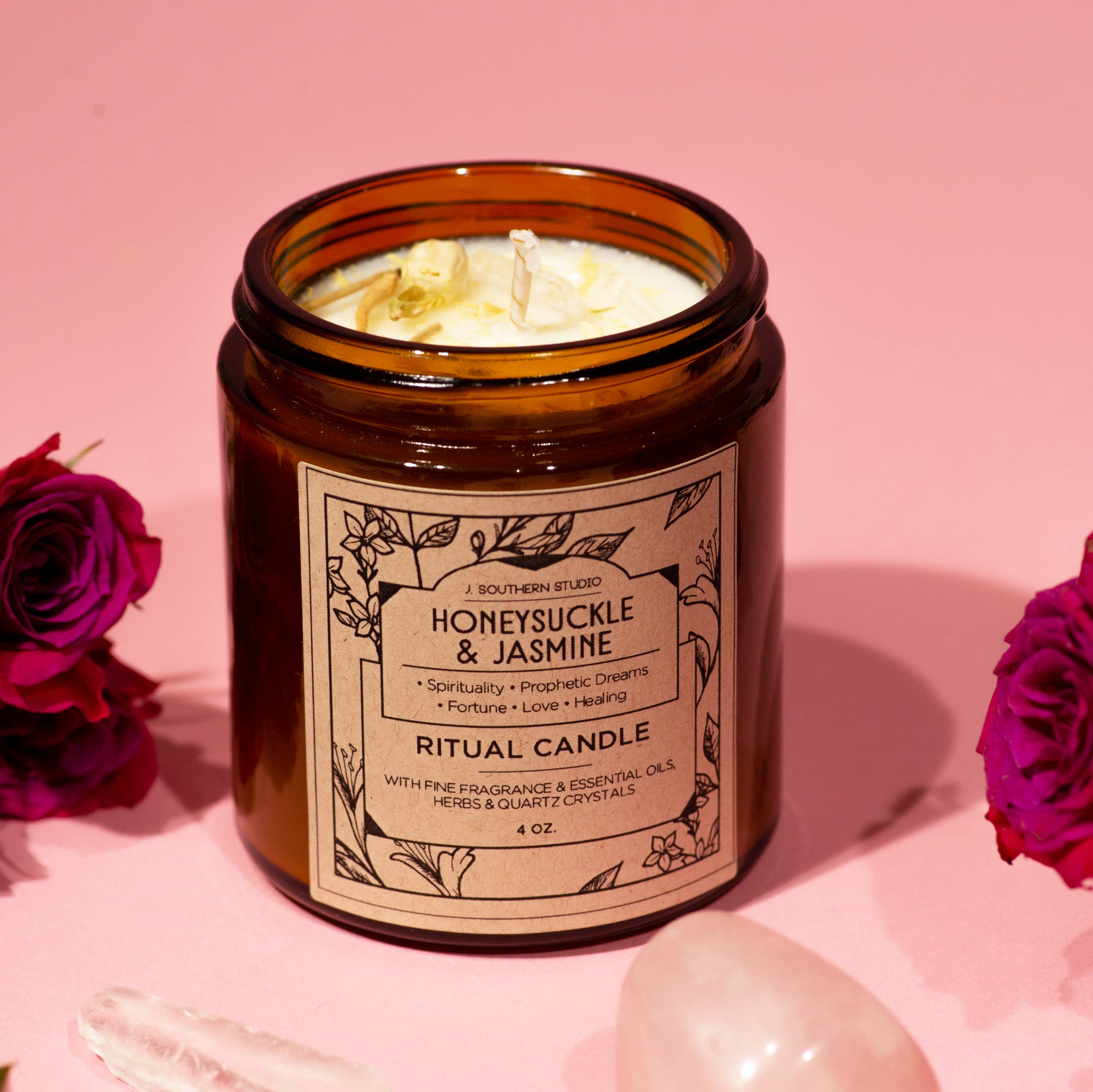 J. Southern Studio - Wholesale Jar/Filled Candle - 4 oz. Honeysuckle & Jasmine Ritual Candle with crystals and essential oils2
