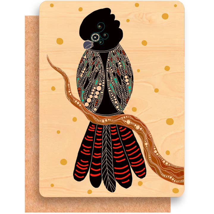 Biglietto di auguri in legno - Gidila (cacatua nero dalla coda rossa) per la vendita all'ingrosso da parte di Greenigo