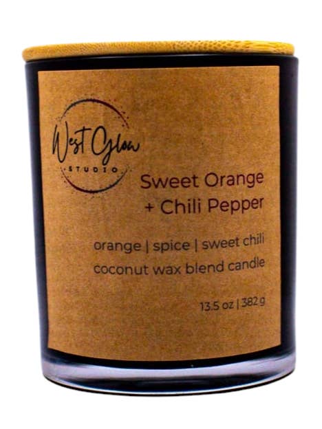 Sweet Orange + Chili Pepper 13.5 oz glass candle vessel for wholesale by West Glow Studio