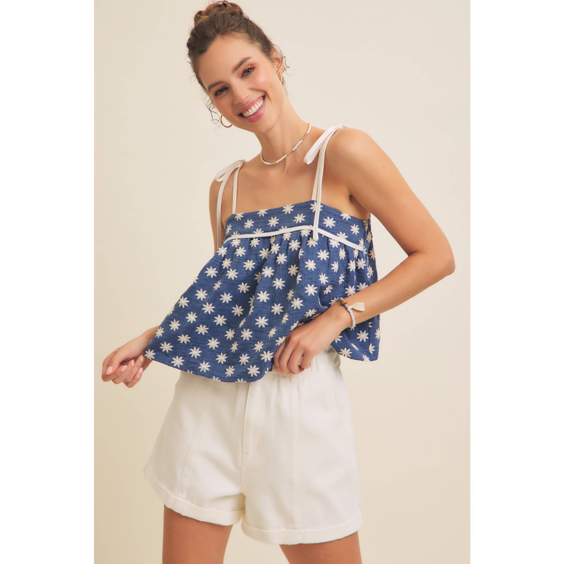 in february - Wholesale Blouse - Women's - PLAYFUL EMBROIDERED FLARE FLARE TANK TOP WITH BOW STRAPS9