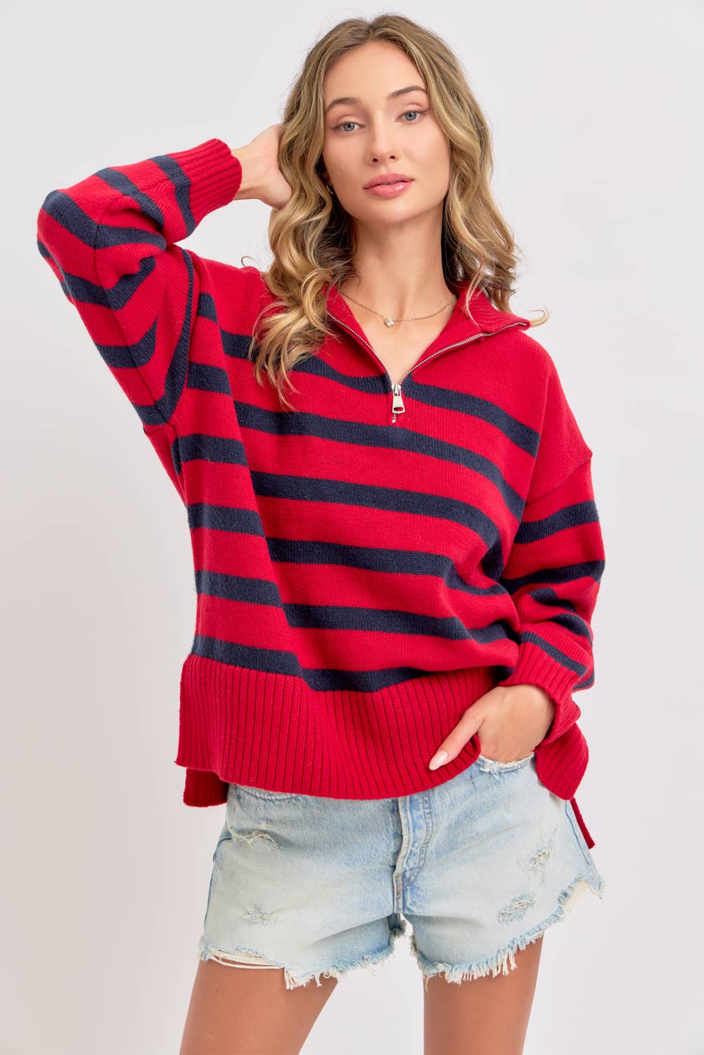 Sweet Lovely by Jen - Wholesale Knit Sweater - Women's - STRIPED ZIP-FRONT OVERSIZED PULLOVER KNIT SWEATER  38