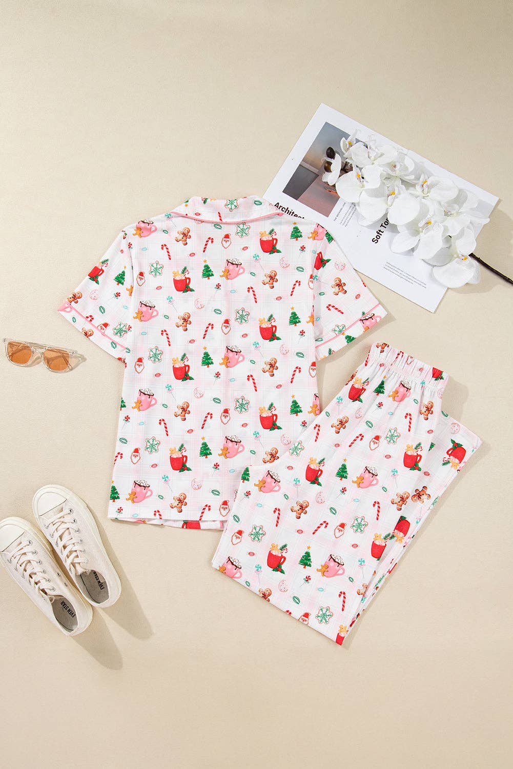 Pink Christmas Spirit Cute Holiday Print Short Sleeve Shirt and Pants 2pcs Pajama Set for wholesale on Faire4