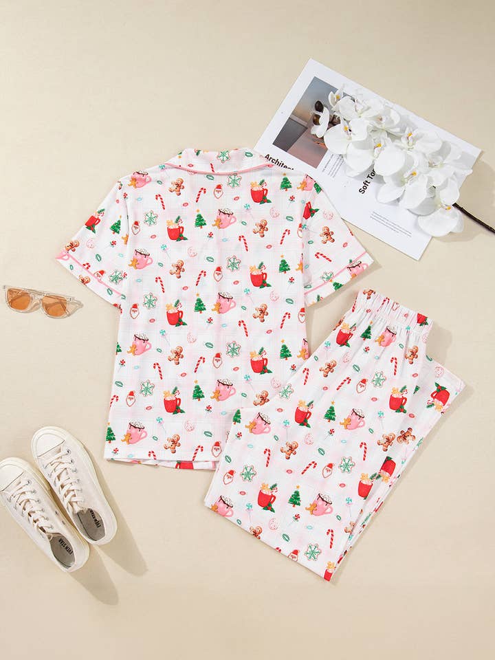 Pink Christmas Spirit Cute Holiday Print Short Sleeve Shirt and Pants 2pcs Pajama Set for wholesale on Faire4