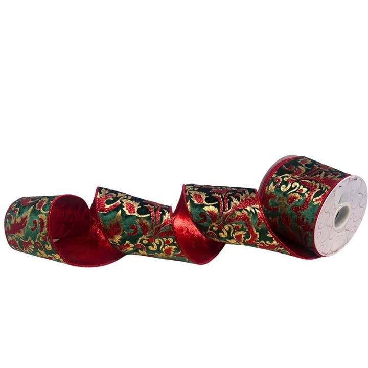 Glitter Leaf on Green Velvet Ribbon w/ Red back 4” x 10yd for wholesale by David Christopher's Collection