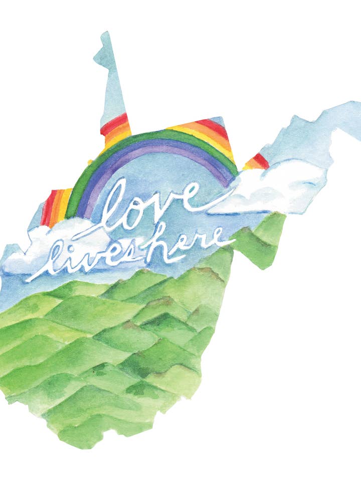 Impression d'art Love Lives Here 20,3 x 25,4 cm - Virginie-Occidentale pour la vente par The Lavender Whim