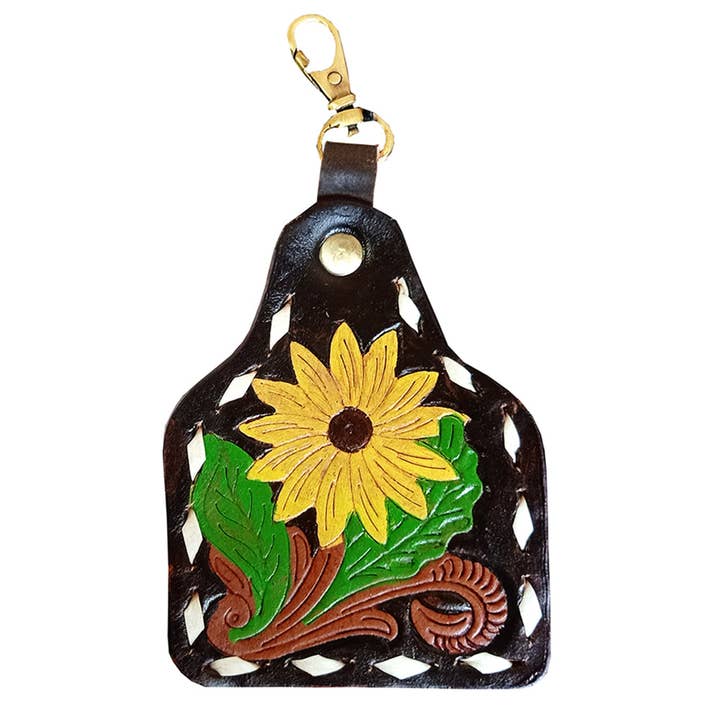 LC-ADKRX122 Hand-Tooled Leather Keyring Yellow Sunflower with Leaf Detail on Black Leather for wholesale by LS Western