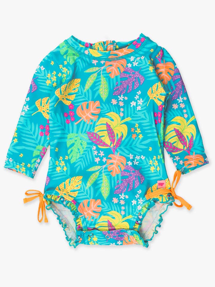 Baby Girls Neon Tiki Vibes Long Sleeve One Piece Rash Guard Swimsuit with Signature Rear Ruffles
for wholesale by RuffleButts + RuggedButts