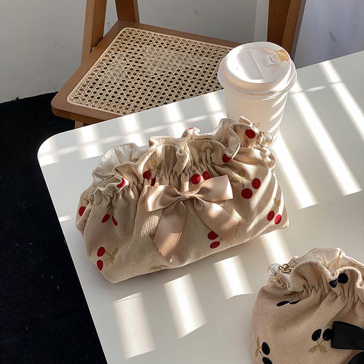 Dipped Shop - Wholesale Makeup/Cosmetic Bag - Corduroy Cherry Bow Cosmetic Bag DPCB411