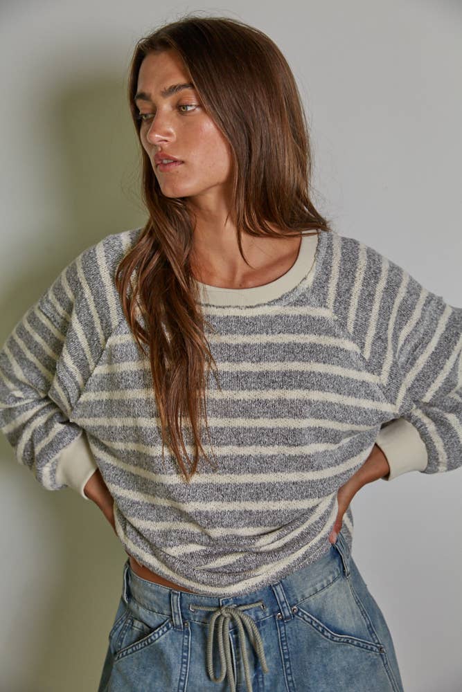 Cream Grey RJ3411 | Knit Striped Long Sleeve Pullover Top for wholesale on Faire0