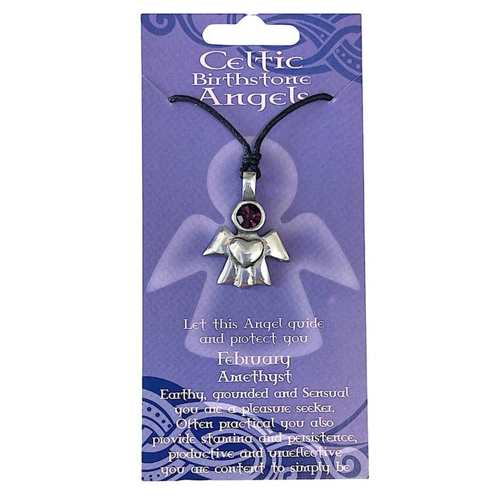 Collier en étain avec ange gardien et pierre de naissance de février (USA-DDP) pour la vente par Myth & Magik - Silver Jewellery Cavern Wholesale