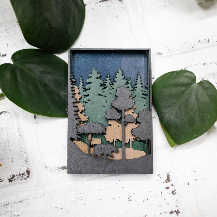 Laser Cut Bear in a Forest, Animal 3D Diorama, Handmade Forest Scene, Wall Art, Bear Animal Decor for wholesale by The McGarvey Workshop