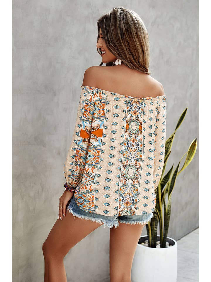 Supreme Fashion - Wholesale Blouse - Women's - Boho Print Off Shoulder Long Sleeve Knot Front Blouse4